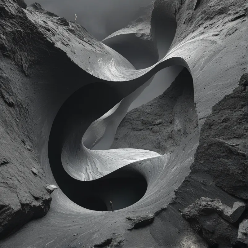A lone figure stands at the base of an enormous twisted stone cavern with smooth curving inner walls and rough outer edges rendered in grayscale