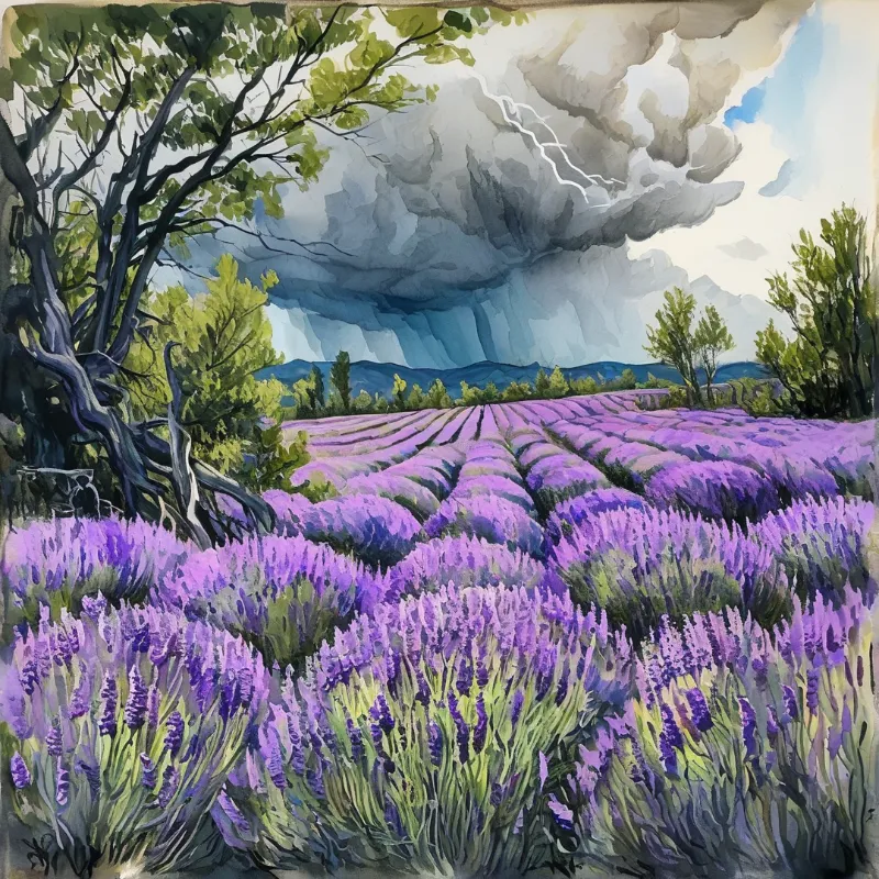 Rows of purple lavender stretch across a field near a large gnarled tree while dark storm clouds gather overhead.