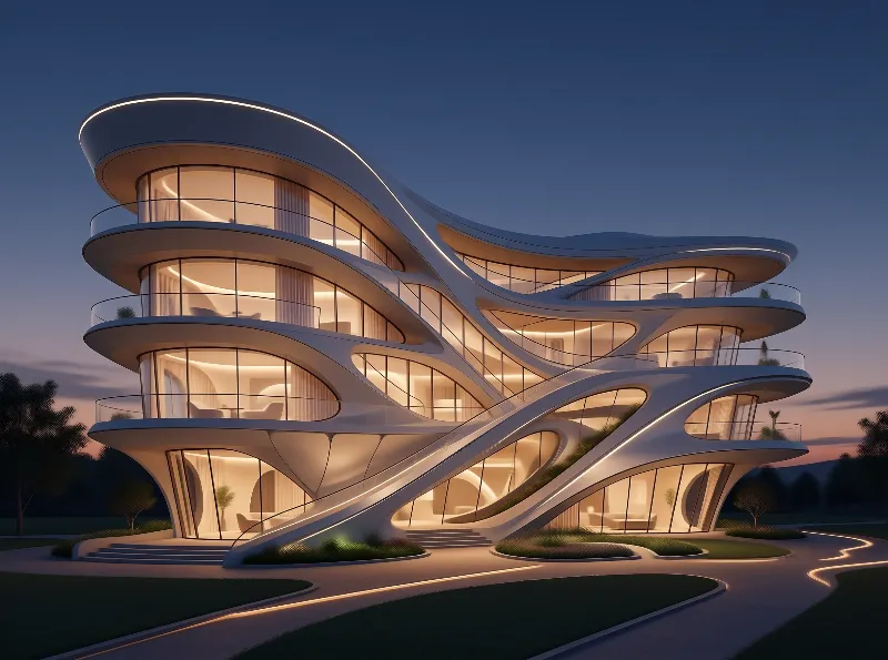 Parametric White Villa in Twilight Meadow