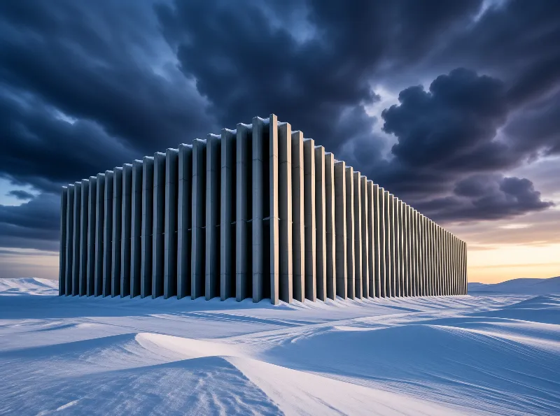 A massive concrete building with vertical fins stands in a snowy landscape under a dramatic sky with warm light.