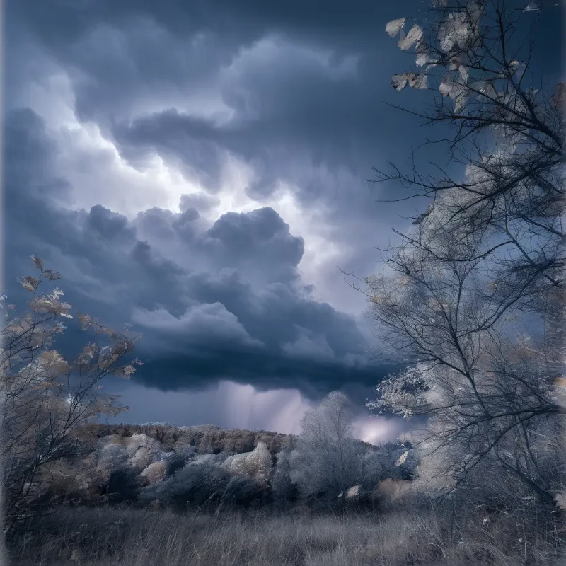Dark clouds fill the sky above frost covered trees where a bright beam of light cuts through the center gap.