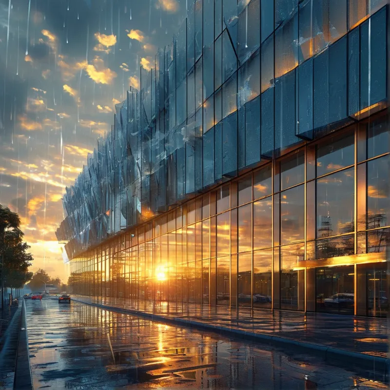 Glass architecture dominates the right side while golden sunset light reflects on the wet street and rain falls.