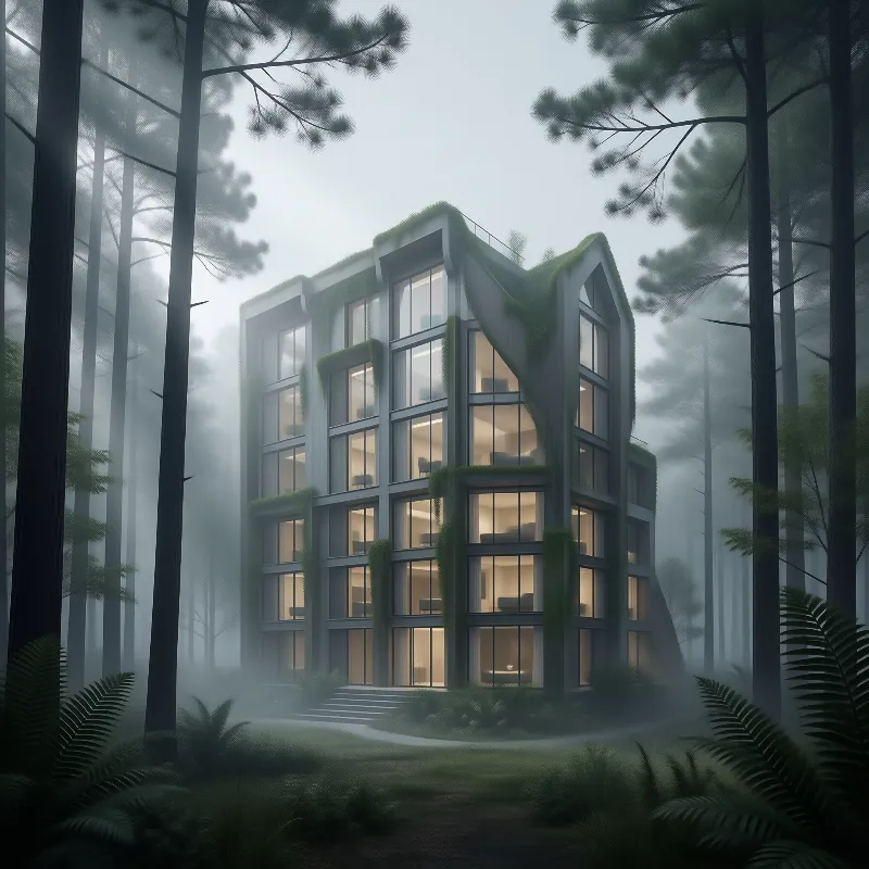 Living Building in the Pine Fog