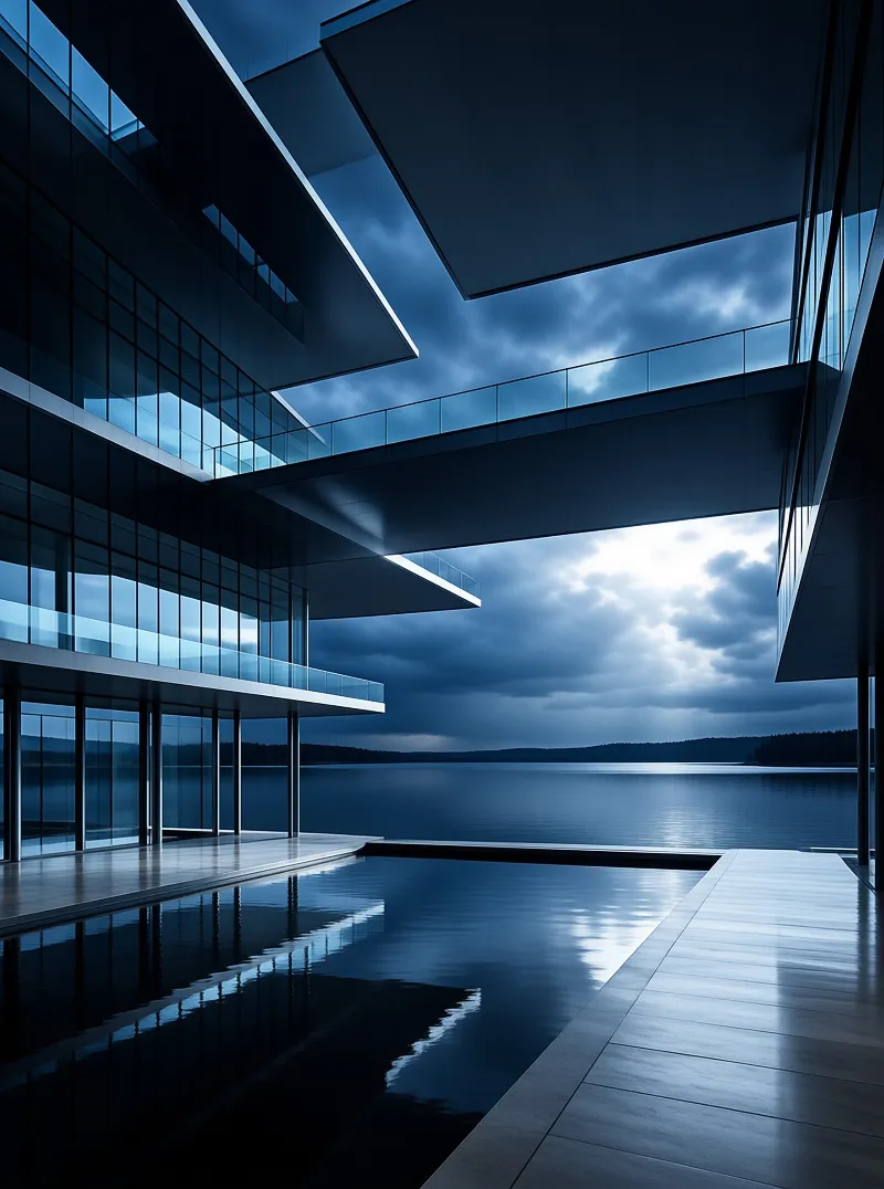Modern architecture with glass walls and cantilevered floors stands beside a calm lake under a cloudy twilight sky.