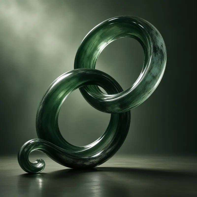 Two glossy green stone rings curve through each other above a dark reflective floor in drifting fog.