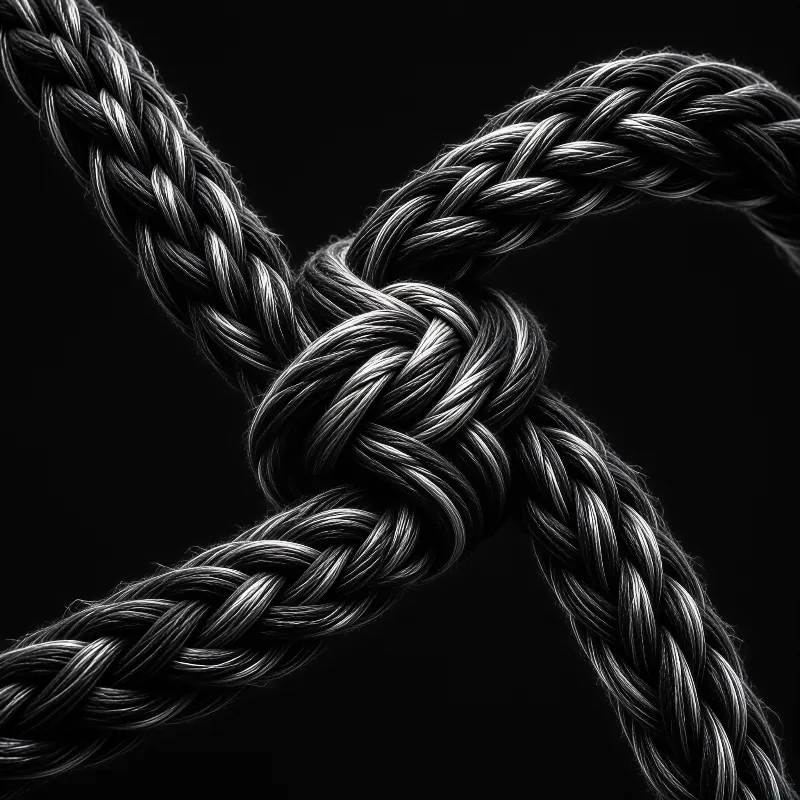 Two thick braided cords cross and bind at a tight knot rendered in dramatic monochrome.