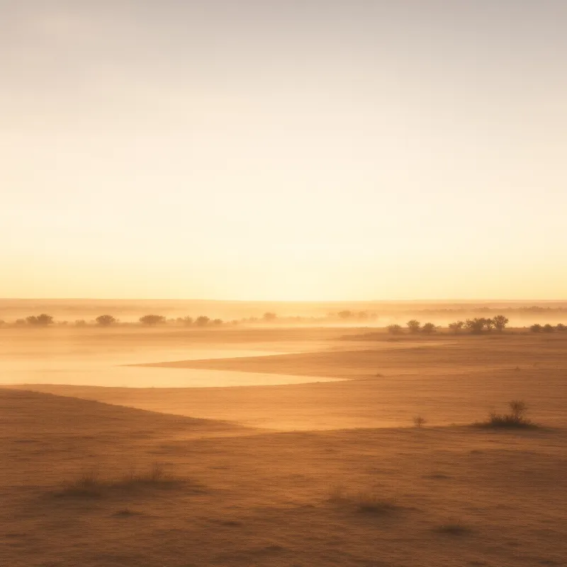 Low sun lights a wide grass plain where a shallow river bends under drifting morning fog.