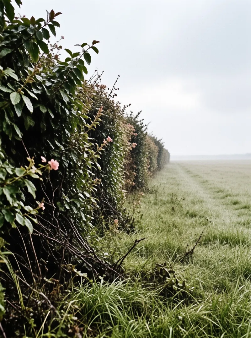 Leafy bushes featuring small blooms separate a grassy area from a thick foggy distance under a cloudy sky.