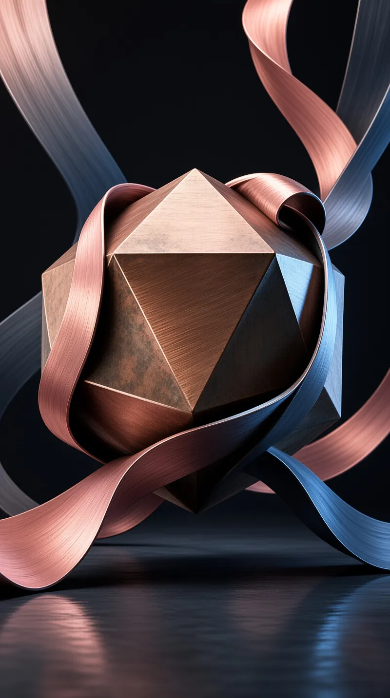 A many-sided bronze solid floats inside curling bands of brushed metal, lit warm on one side and cool on the other.