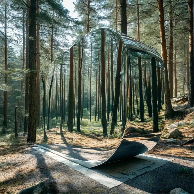 A polished curved metal sculpture stands in a tall pine forest, its reflective surface mirroring the surrounding trees and dappled sunlight falling across the dry forest floor.