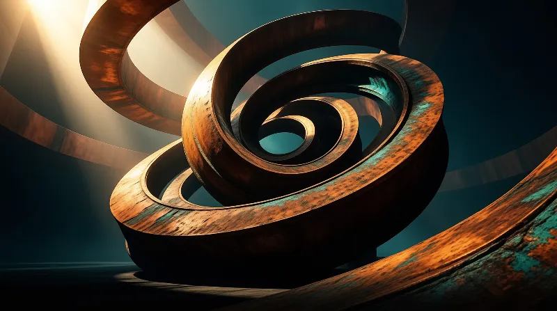 A massive oxidized metal spiral twists dramatically against a deep teal background illuminated by harsh side lighting.