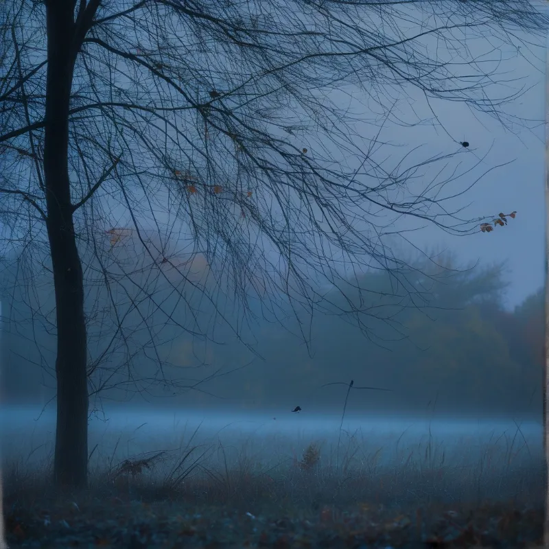 A tall leafless tree frames the left side of a foggy meadow bathed in soft blue morning light.