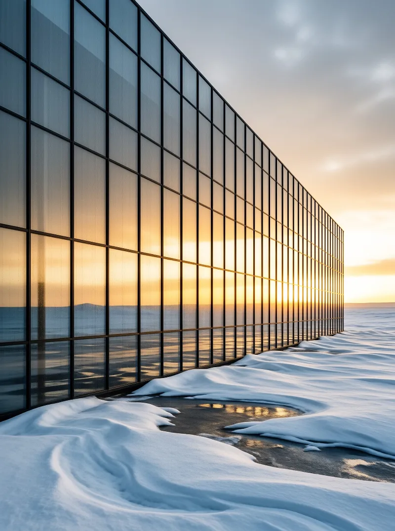 A long glass curtain wall stretches across a snowy landscape reflecting a bright golden sunset over the horizon.