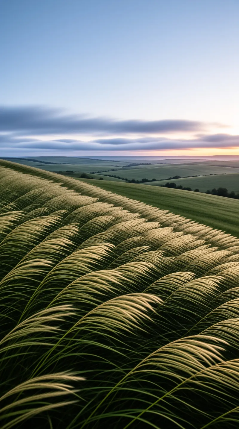 Tall blades of grass curve in the foreground while soft light illuminates distant green hills under a cloudy sky.