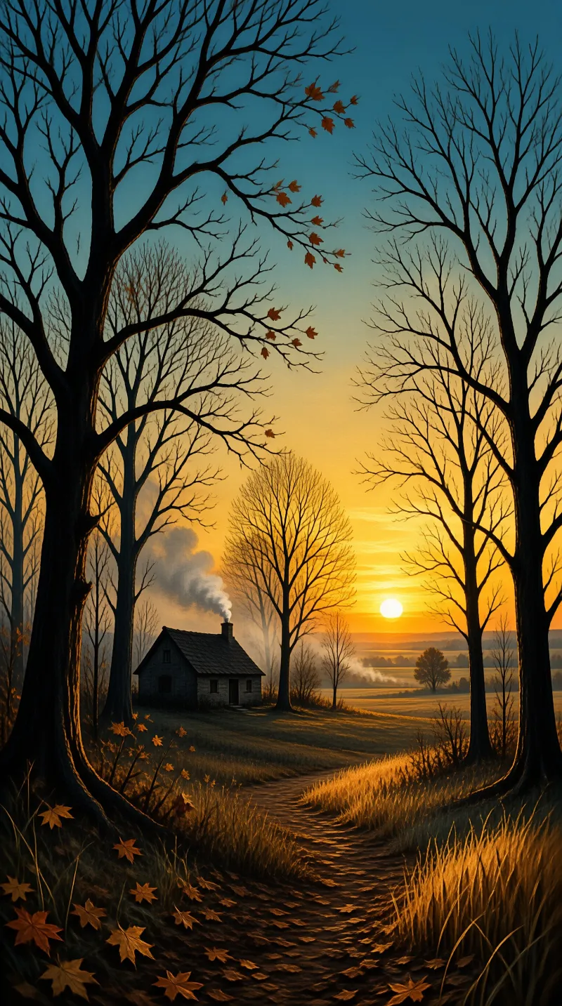 A painted countryside scene shows smoke rising from a roof as the low sun sets behind leafless trees.