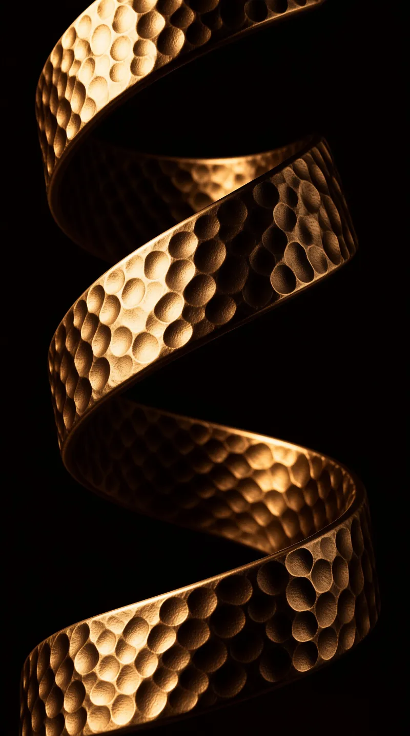 A hammered bronze coiled spiral ribbon curves against a black background, warm light glints off its dimpled hammered surface.