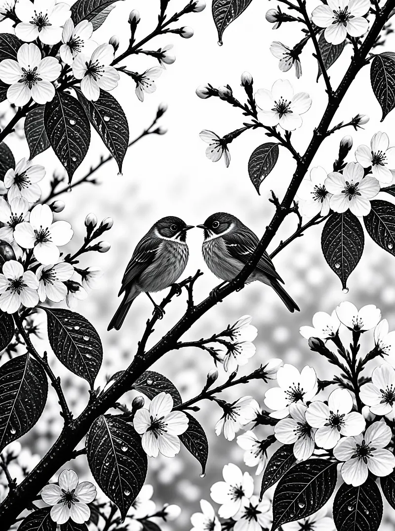 Two small birds sit on a dark branch surrounded by blooming white flowers and textured leaves in black and white.