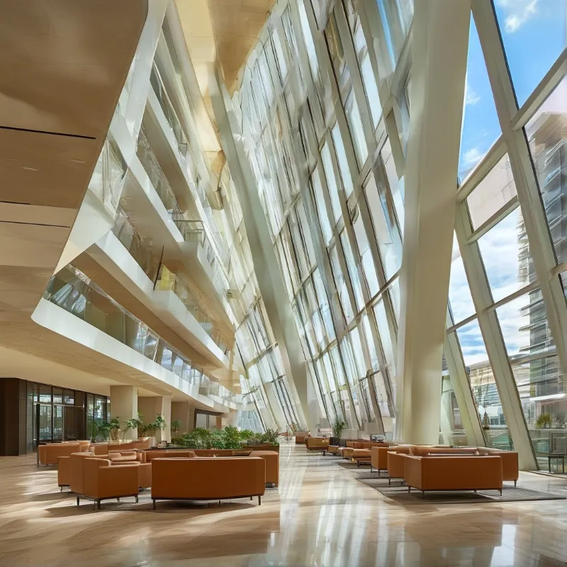 Warm lounge seating fills a tall lobby where angled glass panels and white fins lift toward a bright blue sky.