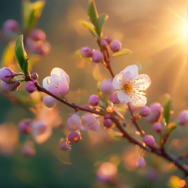 Soft pink flowers open on woody stems surrounded by a hazy golden background filled with scattered light.