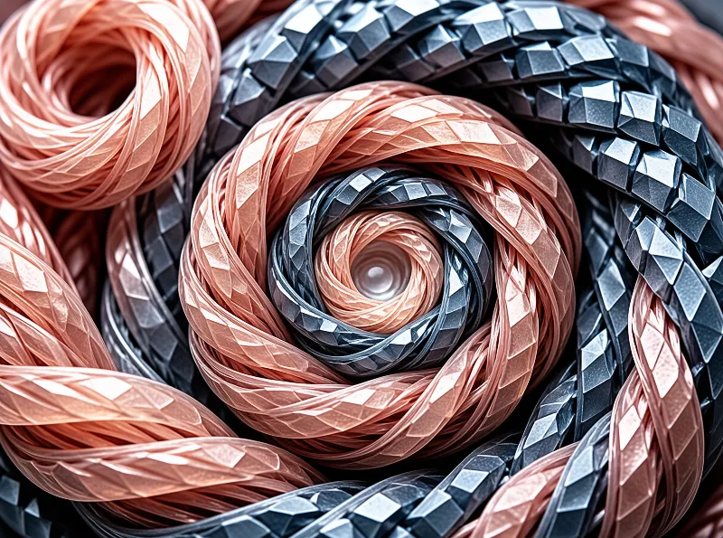 Twisted metallic ribbons cut like diamonds spiral inward toward a dark central vortex