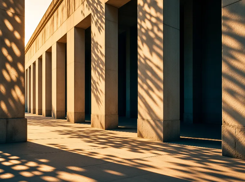 Tall beige stone pillars line a sunlit walkway, casting intricate leaf shadows across the floor and walls.