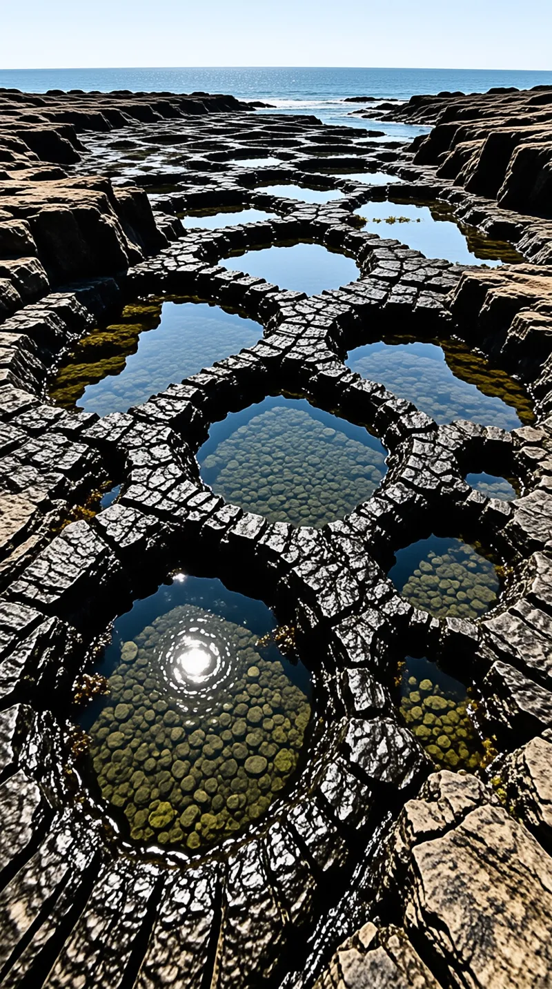 Hexagonal rock formations line a shoreline where shallow pools reflect clouds and sunlight on calm coastal water