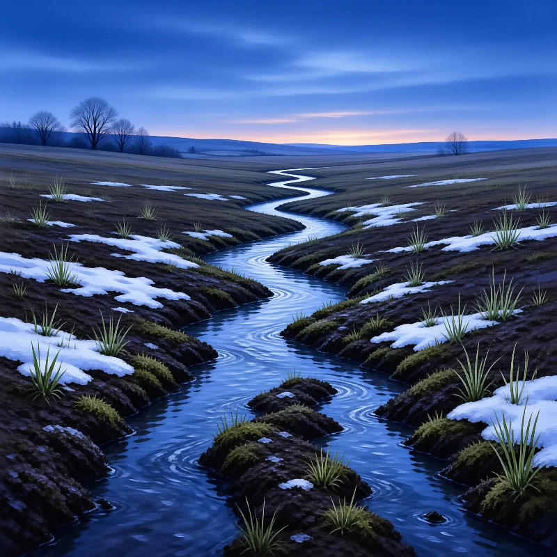 A blue river meanders through a dark landscape dotted with patches of white snow and green grass tufts.
