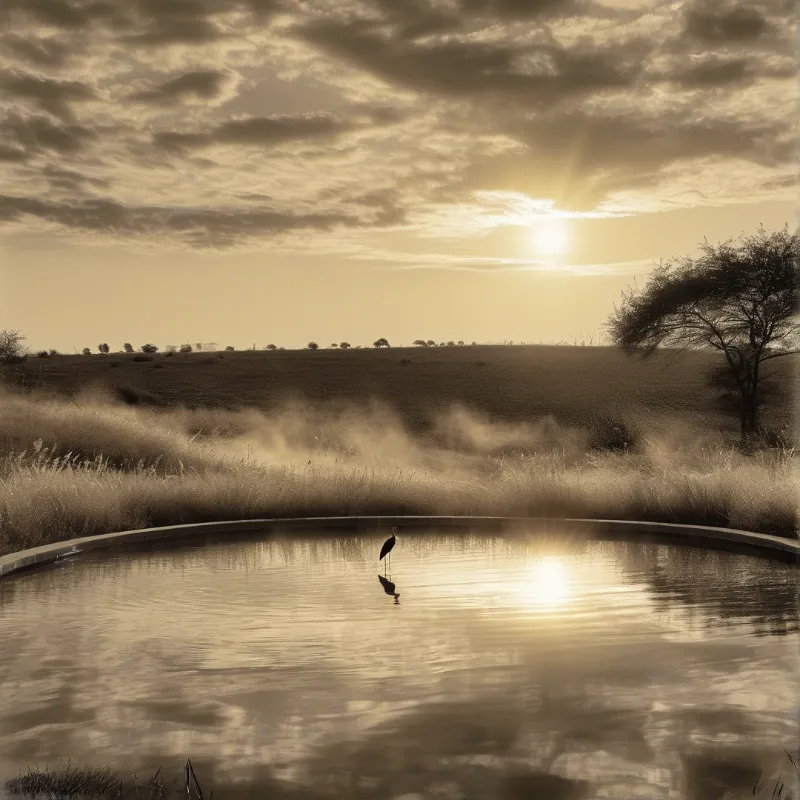 A solitary heron stands in a calm pool reflecting the bright sun over a misty field.
