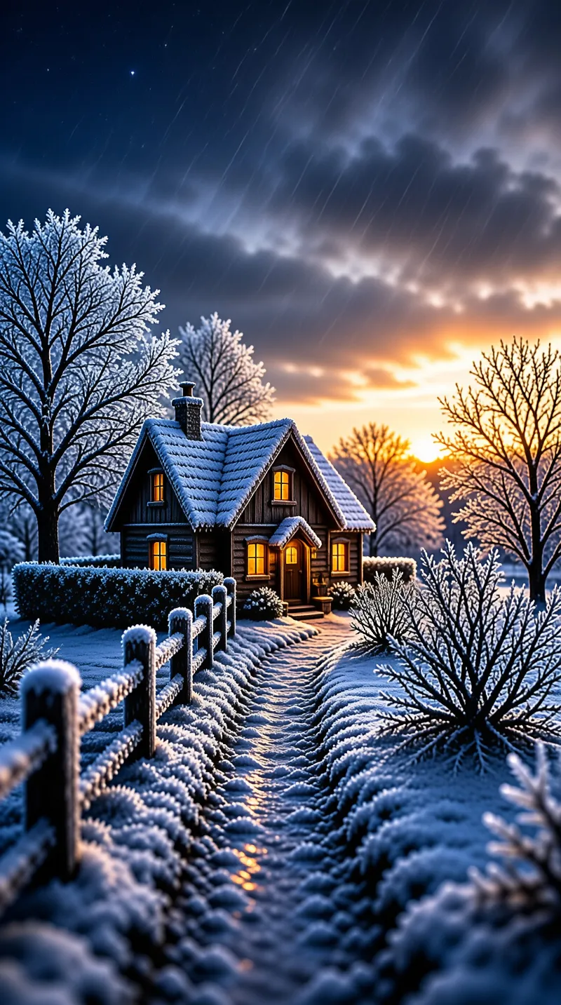 A snow covered wooden cabin with warm glowing windows stands beside a snowy path and fence under a sunset sky with bare trees