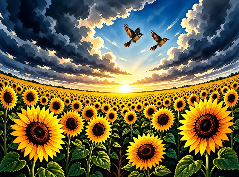 Vast yellow blooms stretch toward a glowing horizon as two winged creatures soar through the dramatic cloudy sky.