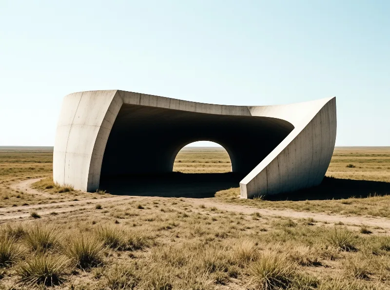 A smooth curved concrete pavilion with a circular tunnel opening stands alone on dry golden grassland under a clear sky.
