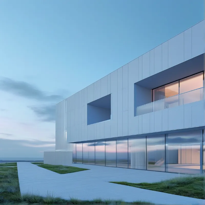 A sleek white residence stands beside a calm ocean during twilight, with large glass windows reflecting the fading blue sky.