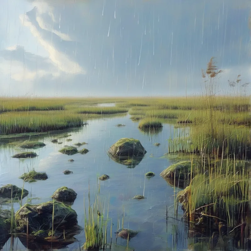 Slender rain streaks fall over mossy rocks and reed filled pools in a quiet wetland under a pale blue sky