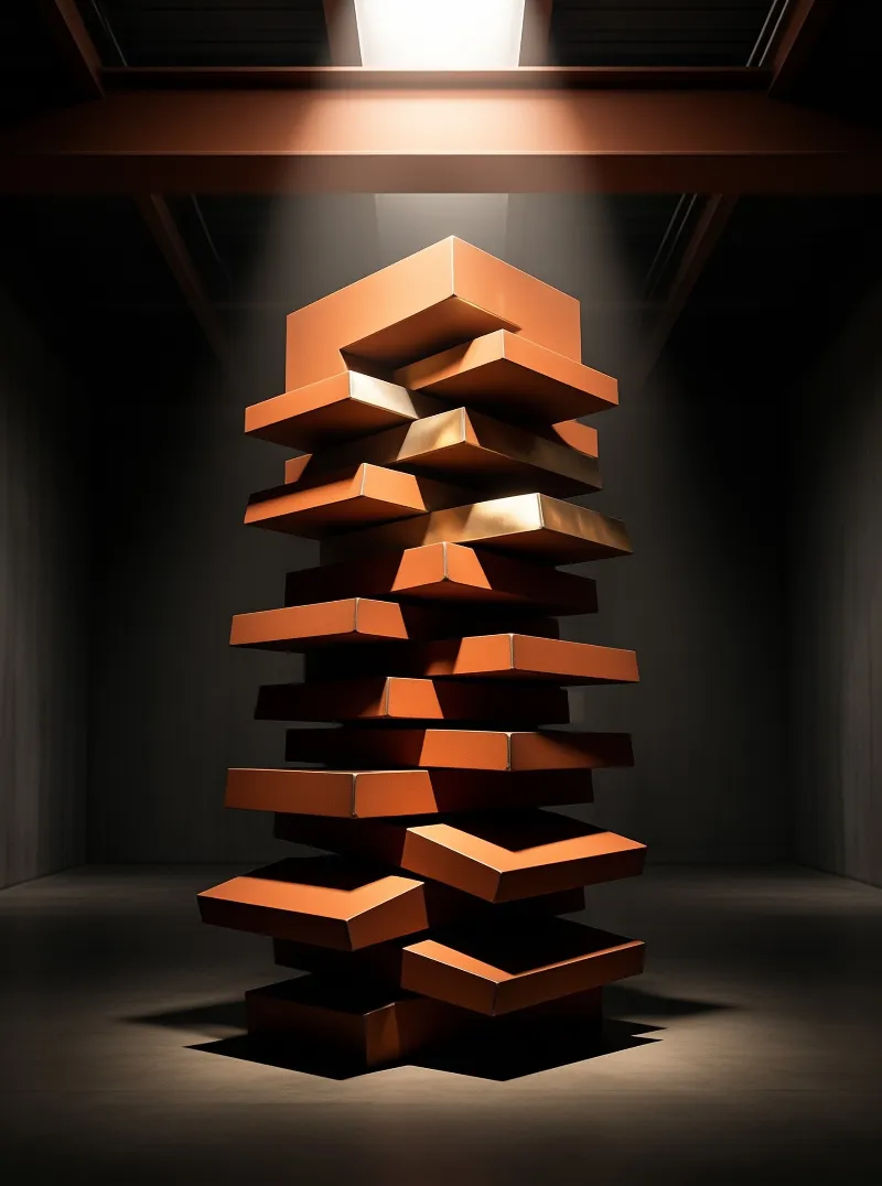 A tall stack of orange rectangular blocks stands vertically in a dark room illuminated by a bright light source from above.