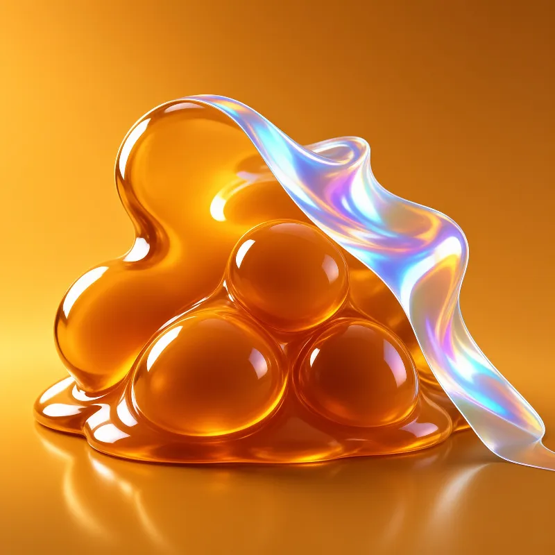 Glossy amber honey forms clustered bulbous shapes with an iridescent sheet draped over them on a warm orange background.