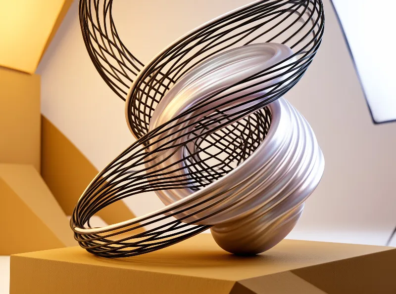 A twisted pearlescent metal form wrapped in a black wireframe cage rests on a yellow geometric block.