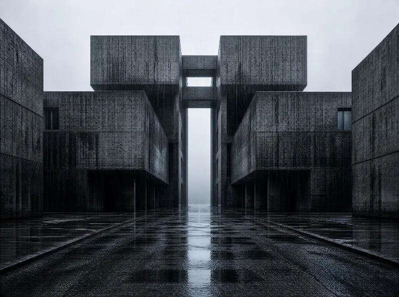 A symmetrical arrangement of concrete block buildings with a wet, reflective courtyard under an overcast sky, creating a moody atmosphere