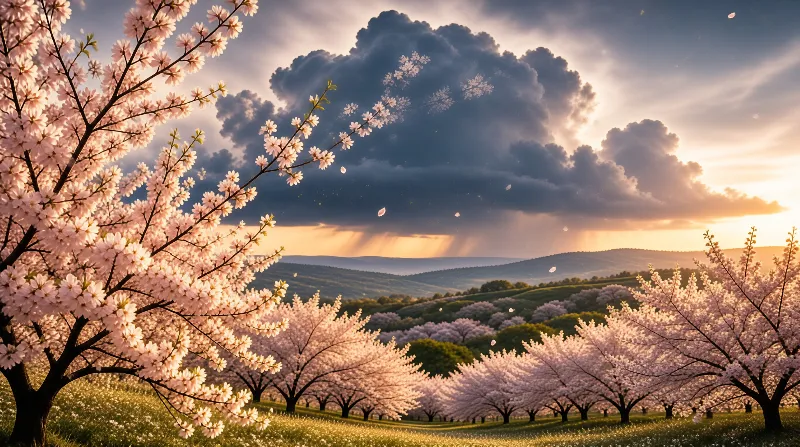 Pink cherry blossoms fill a valley while golden light breaks through heavy clouds in the distance.