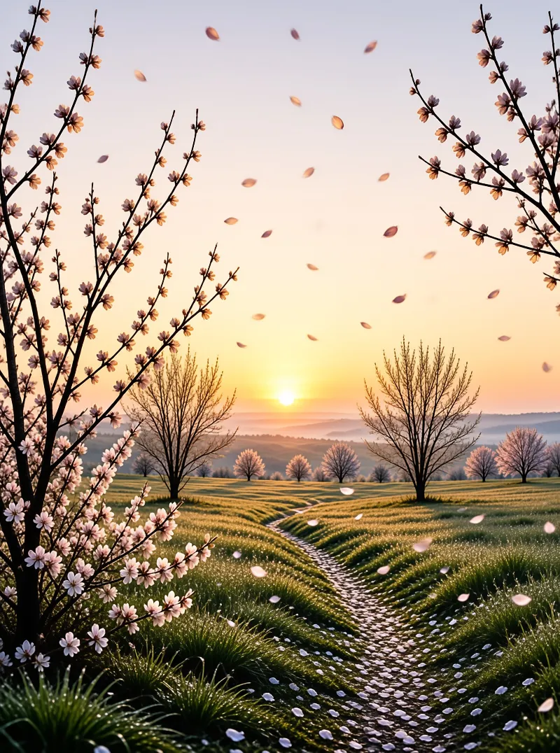 A winding path covered in petals leads through a grassy field towards a rising sun framed by blooming branches.