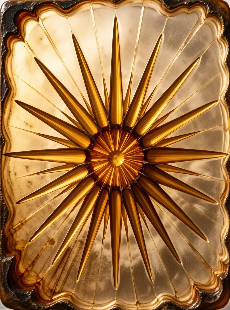 Radiating amber spikes burst from a molten glass panel, their honeyed edges glowing against weathered metallic fans.