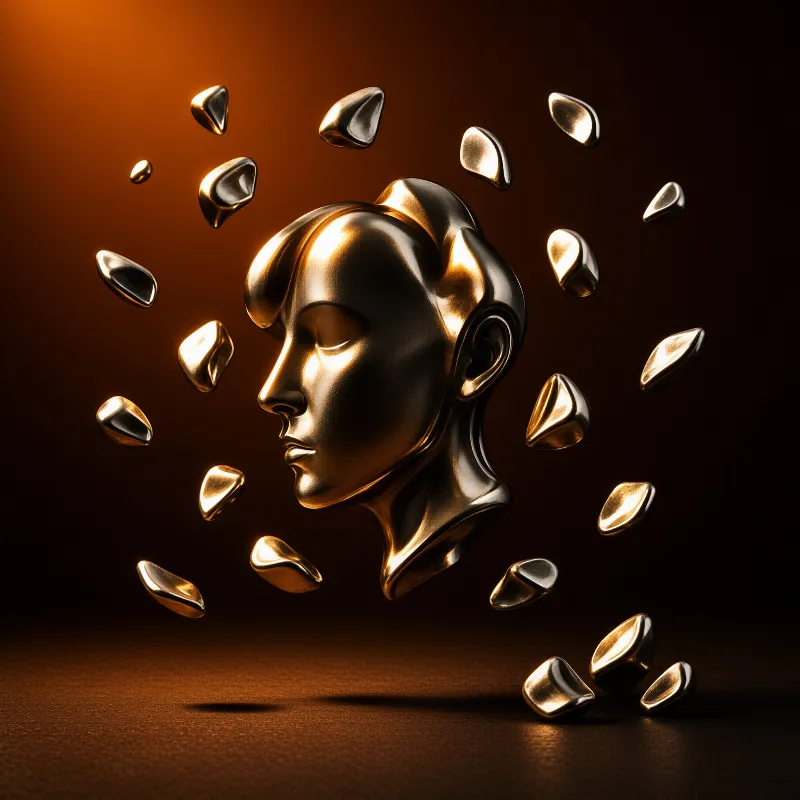 A polished bronze face floats in side view while liquid gold beads drift in a ring around it against an amber ground.