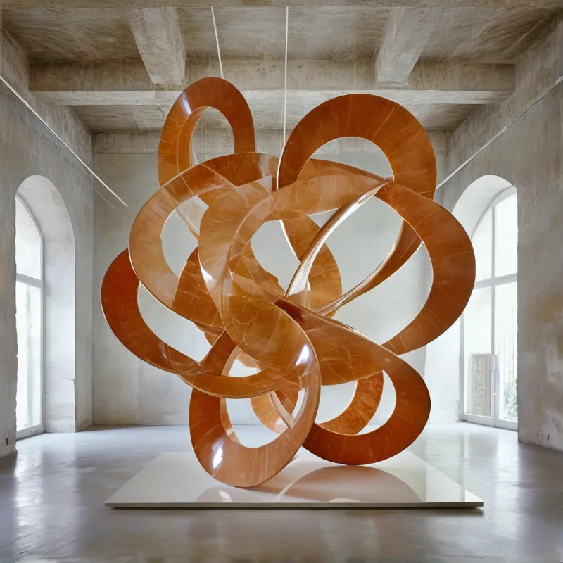 Large orange interlocking rings sit on a white base inside a raw concrete room with arched windows and natural light.