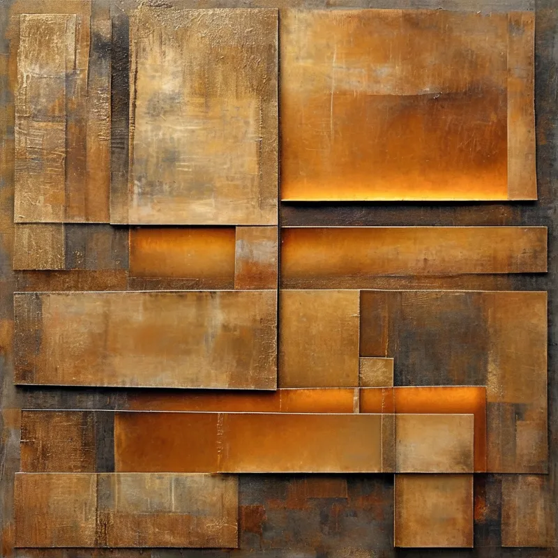 Staggered rectangular metal blocks display warm golden and coppery tones with visible surface texture and light reflections.