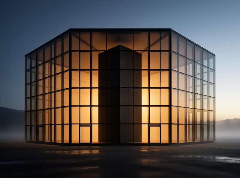 Modern glass structure with a dark central column glowing warmly inside during a misty blue hour at dawn.