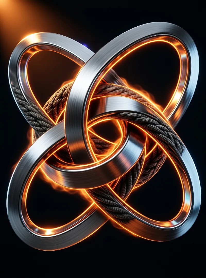 A metallic ring and braided rope are interlocked against a black background with glowing orange lines tracing their shapes.