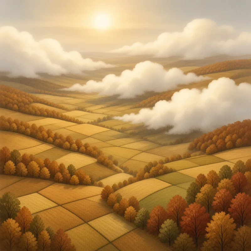 Golden light illuminates rolling farm fields lined with autumn trees beneath drifting white clouds.