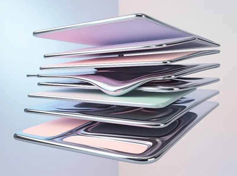 A stack of wavy iridescent metal panels floats against a soft pastel background with smooth reflective surfaces.