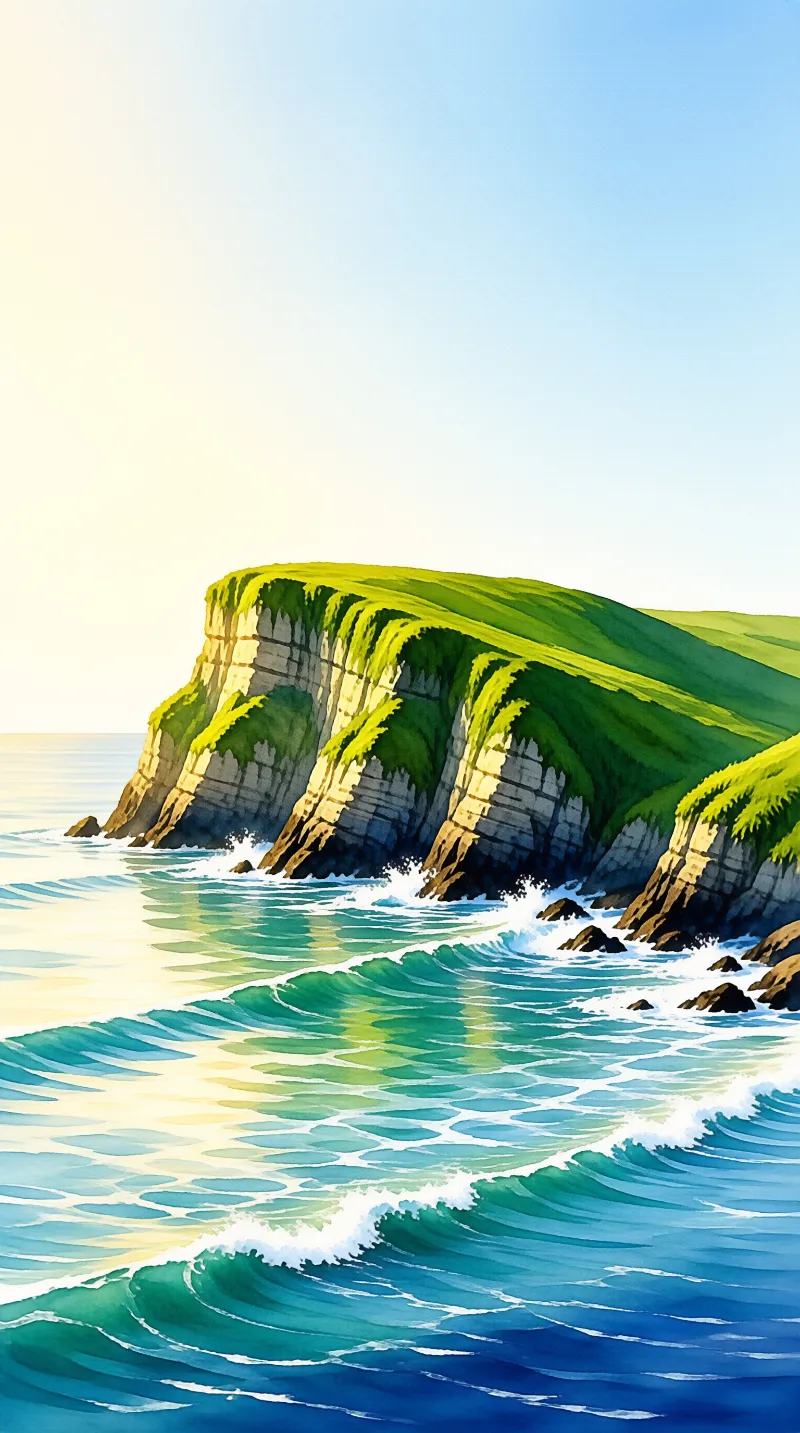 Turquoise waves roll toward grassy cliffs with stratified rock layers under bright sunlight.