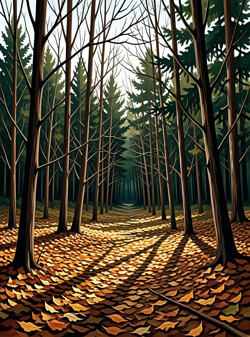 Dark vertical trunks frame a forest path blanketed in orange and cream fallen leaves under long shafts of light.