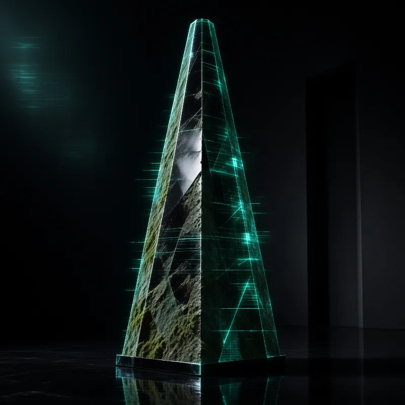 A rough stone pyramid sculpture stands in a dark room illuminated by glowing teal grid lines and reflected on the floor.